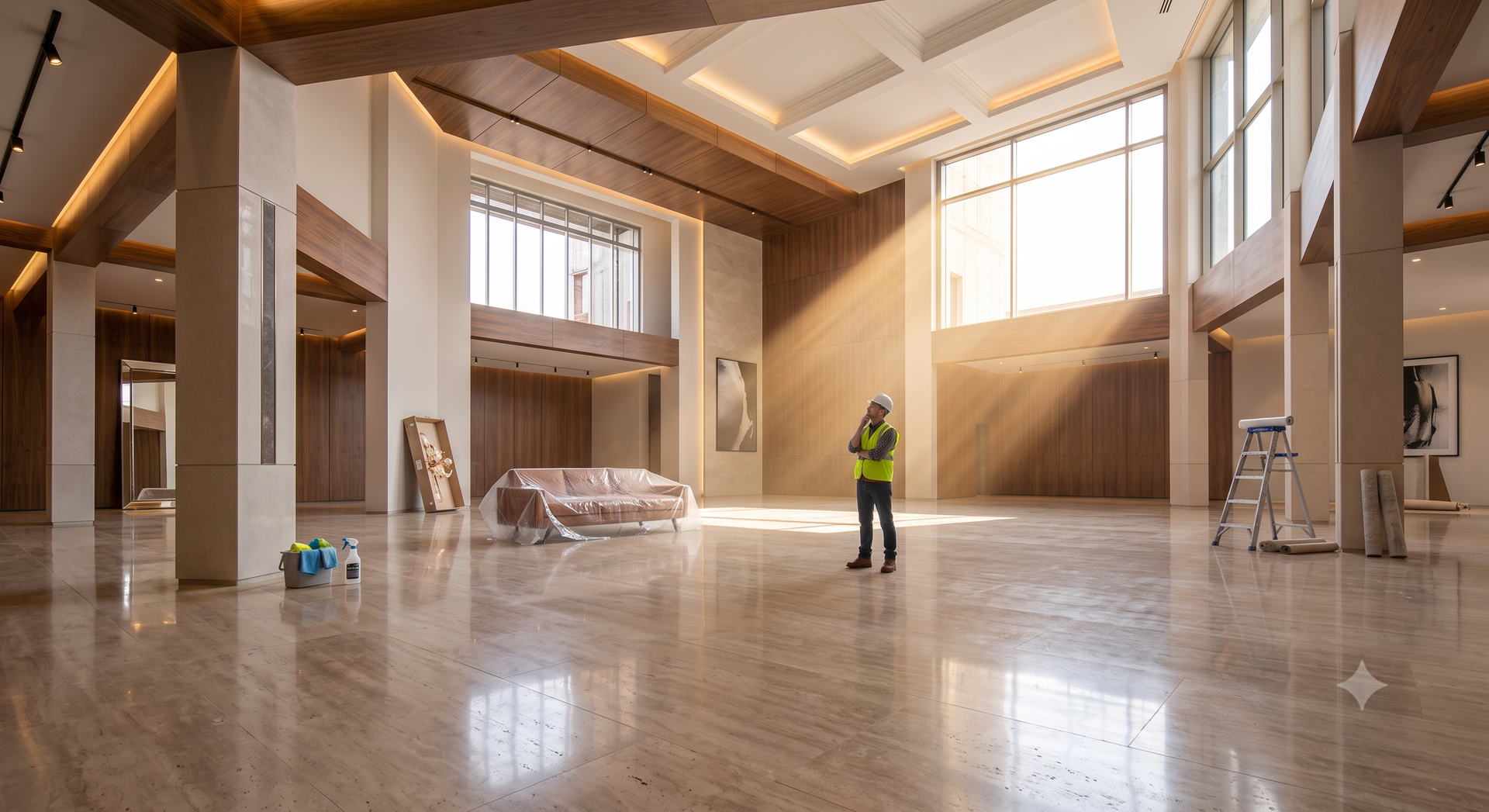 After builders cleaning in a newly renovated London home, dust removed from every surface